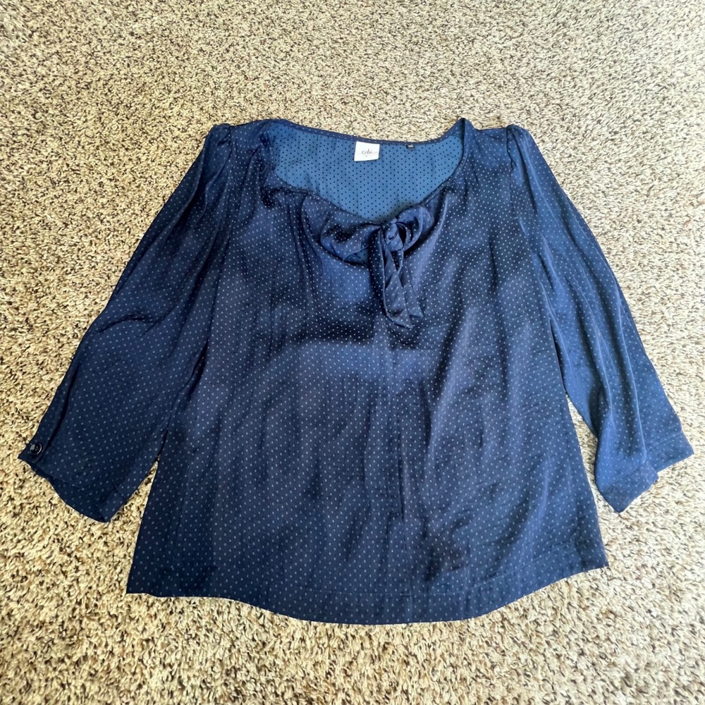 Cabi Navy Blue Polka‎ Dot Bow Neck 3/4 Sleeve Blouse Women's Size Small